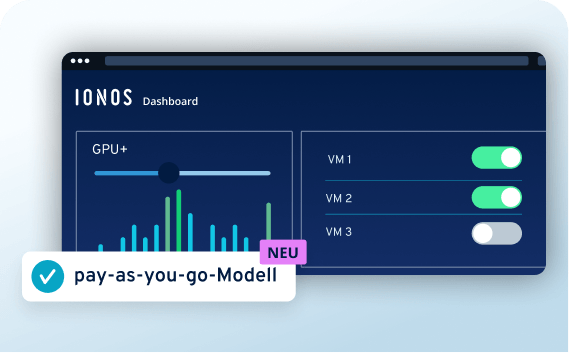 IONOS Dashboard mit GPU+ Anzeige, VM-Schaltern und Badge pay-as-you-go-Modell NEU.