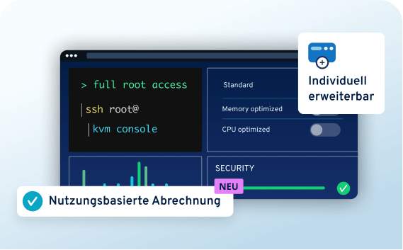 Mobile Ansicht: Konsole mit full root access, Option Individuell erweiterbar und nutzungsbasierte Abrechnung NEU.