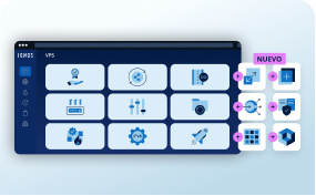 Vista compacta de funciones IONOS VPS con iconos de seguridad, escalabilidad y seis nuevas funciones NUEVO.