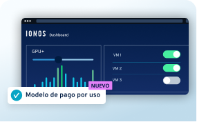 Panel IONOS con indicador GPU+, interruptores VM y badge de modelo pay-as-you-go NUEVO.