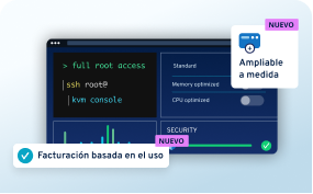 Vista móvil: consola con acceso root completo, opción de ampliación individual y facturación por uso NUEVO.