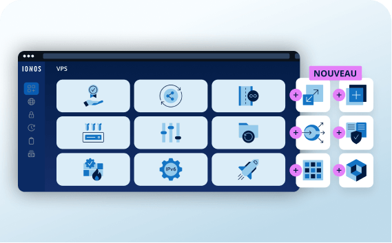 Aperçu compact des fonctionnalités IONOS VPS avec icônes sécurité, mise à l'échelle et six nouvelles fonctions NOUVEAU.