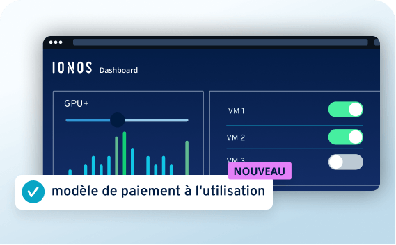 Tableau de bord IONOS avec indicateur GPU+, commutateurs VM et badge modèle pay-as-you-go NOUVEAU.