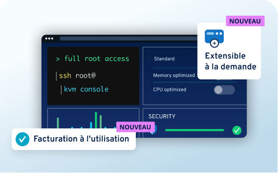 Vue mobile : console avec accès root complet, option extension individuelle et facturation à l'usage NOUVEAU.