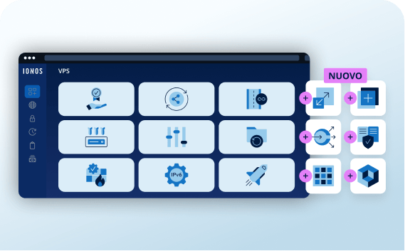 Panoramica compatta funzionalità IONOS VPS con icone sicurezza, scalabilità e sei nuove funzioni NUOVO.