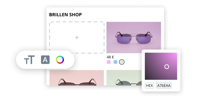 Farb- und Schriftwahl im Editor für einen personalisierten Brillen-Shop mit HEX-Farbcode.