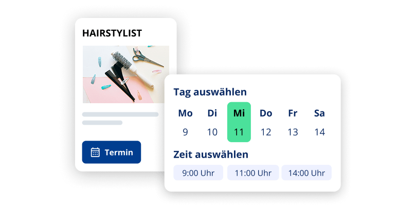 Terminbuchung für Friseurdienstleistungen mit Kalender- und Uhrzeitauswahl.