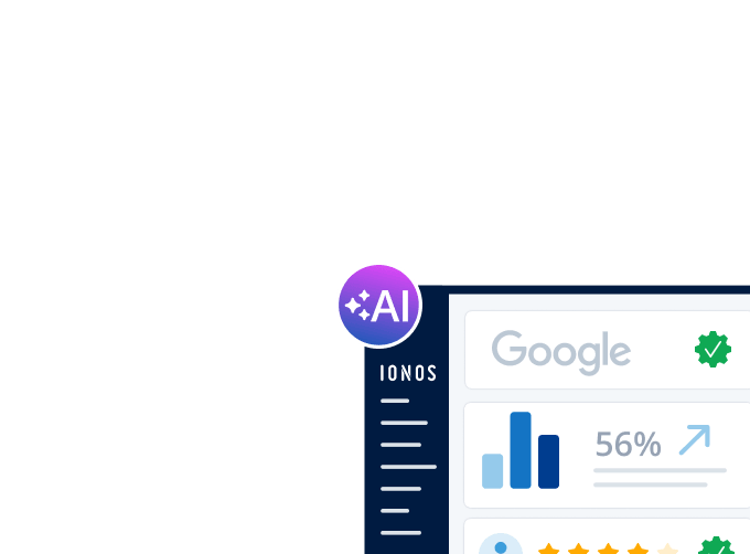 AI-Icon mit IONOS und Google Logos, ein Diagramm und ein Prozentwert von 56%.