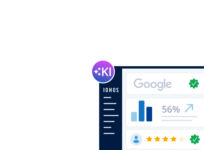 IONOS KI mit Google, 56% und Bewertungssterne