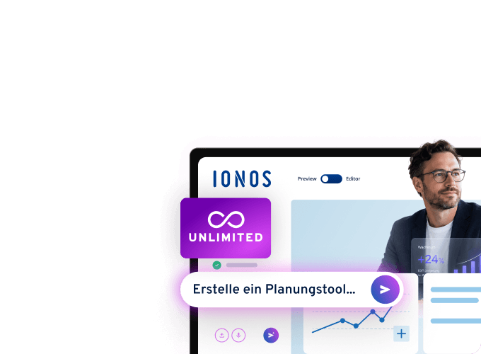 Mann vor Laptop mit IONOS Unlimited Planungstool.