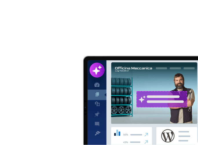 Editor visivo IONOS con sito web di un'officina meccanica e logo WordPress.