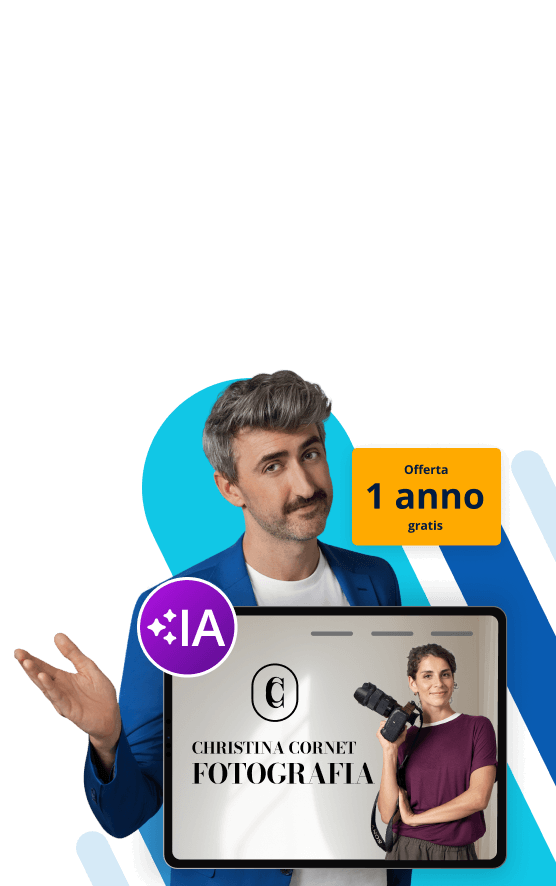 Consulente IONOS presenta un sito web di fotografia creato con IA. Badge: Offerta 1 anno gratis.