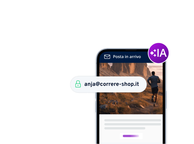 Smartphone con e-mail di newsletter aperta nella posta in arrivo, badge IA IONOS
