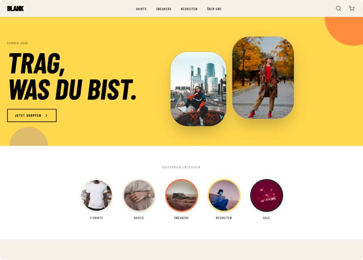 Bilder von Menschen, die verschiedene Kleidungsstücke tragen, darunter T-Shirts, Basics, Sweatshirts, Neuheiten und Sale-Artikel.