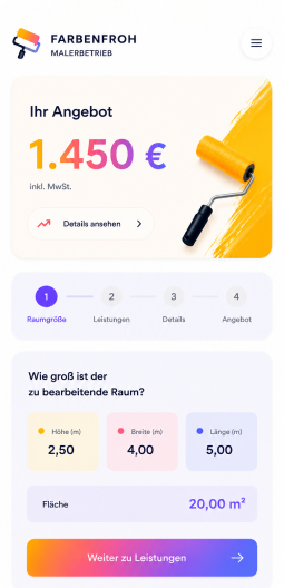 Farbenfroh Malerbetrieb bietet ein Angebot von 1.450 € für Malerarbeiten an. Raumgröße: 2,50 m Höhe, 4,00 m Breite, 5,00 m Länge, 20,00 m² Fläche.