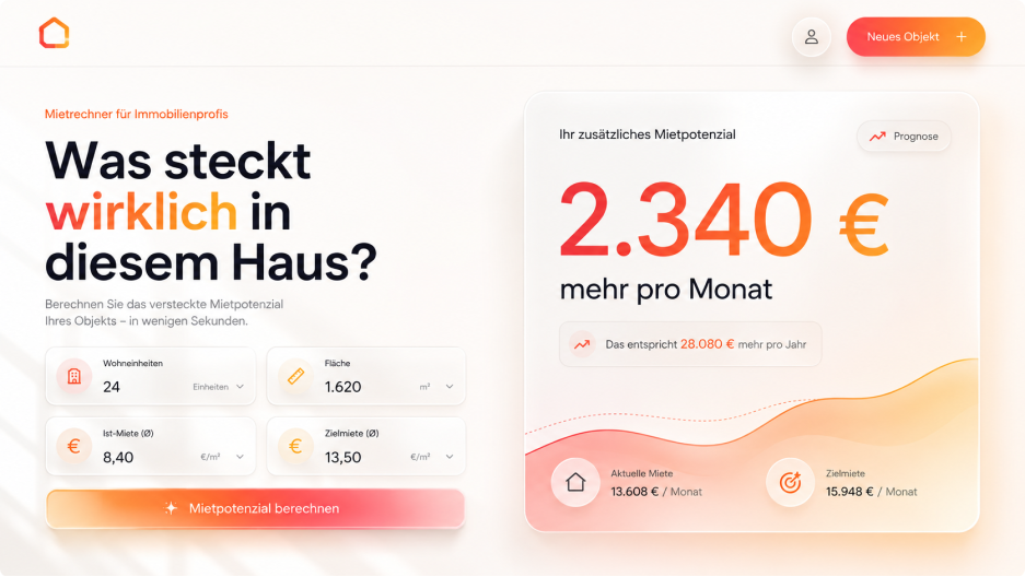 Mietrechner für Immobilienprofis zeigt Mietpotenzial von 2.340 € pro Monat für ein Haus mit 24 m² Wohnfläche, 1.620 € Miete und 8.40 €/m².