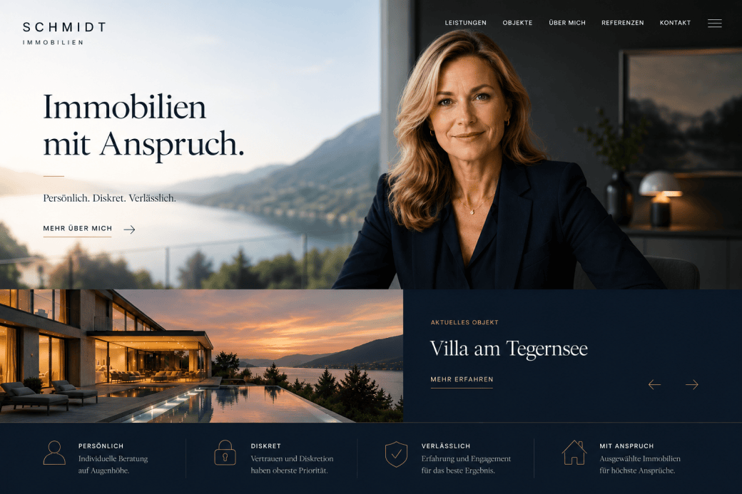 Frau sitzt in einem Wohnzimmer und lächelt in die Kamera. Im Hintergrund ist eine Villa am Tegernsee zu sehen.
