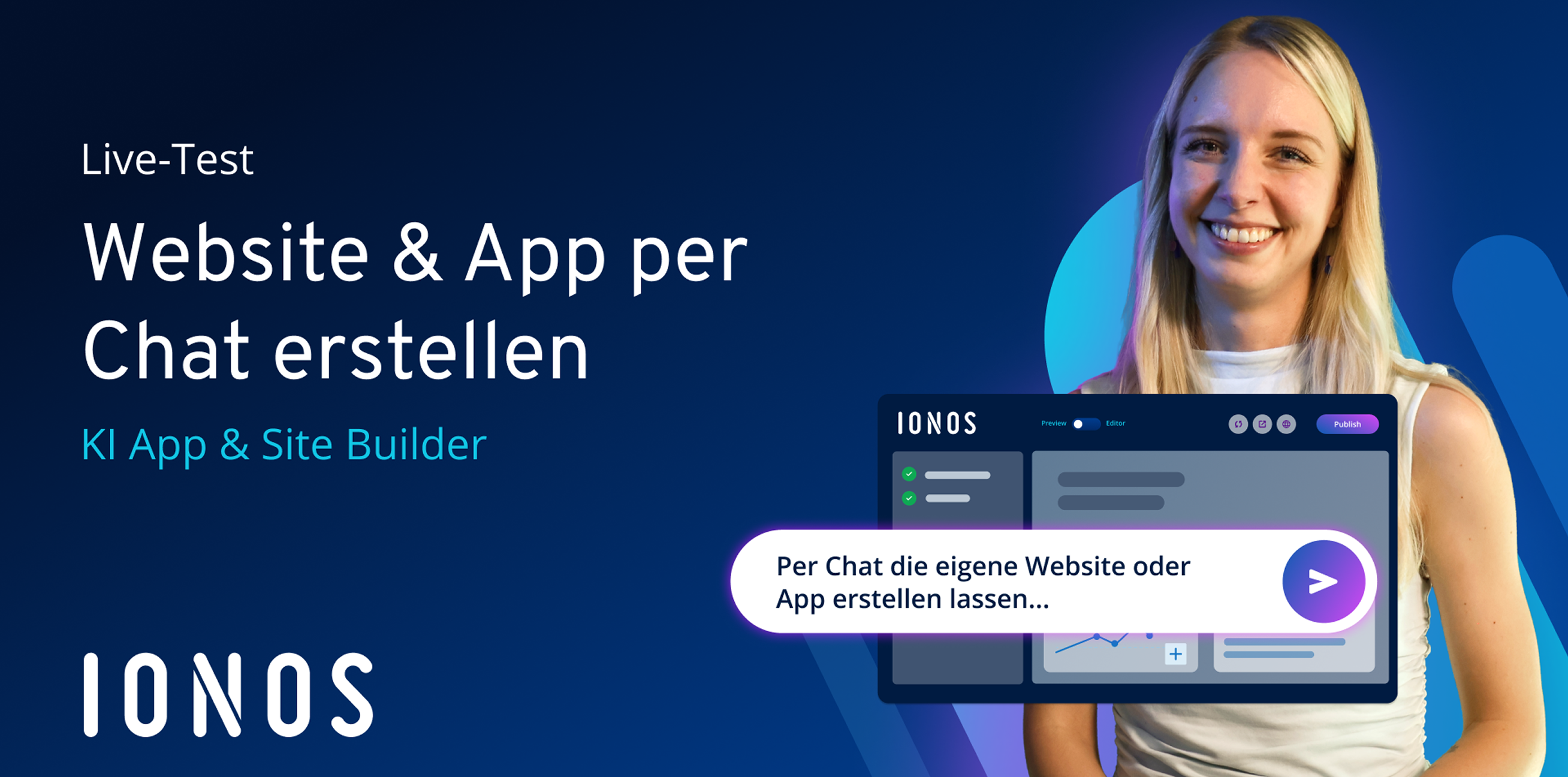 Frau lächelt neben einem Bildschirm mit einer Website. Text: Website & App per Chat erstellen.