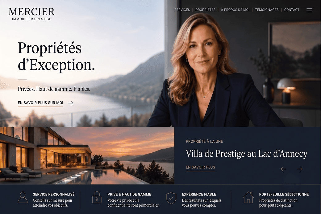 Frau vor Bergpanorama und Villa am See.