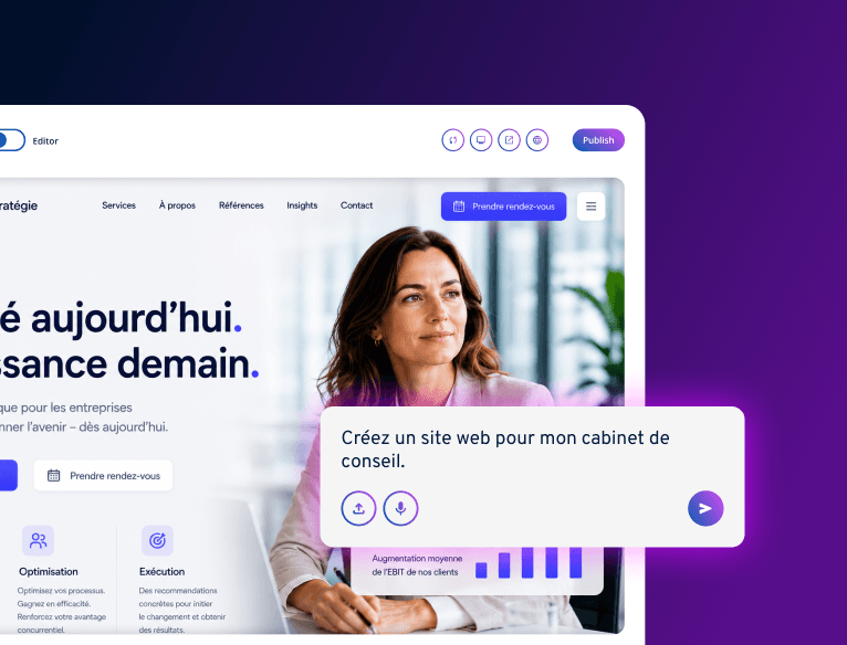 Eine Frau sitzt an einem Tisch und lächelt in die Kamera. Im Vordergrund ist ein Textfeld mit der Frage "Créez un site web pour mon cabinet de conseil.