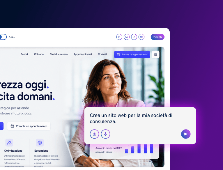Eine Frau lächelt auf einem Laptop-Bildschirm, während ein Popup-Fenster für die Erstellung einer Website für eine Beratungsfirma angezeigt wird.