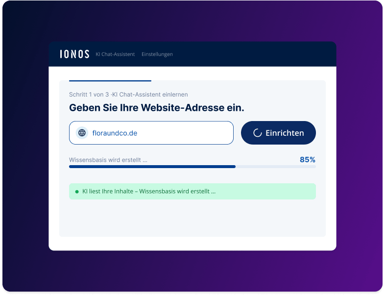 IONOS KI Chat-Assistent fordert zur Eingabe einer Website-Adresse auf, um eine Wissensbasis zu erstellen.