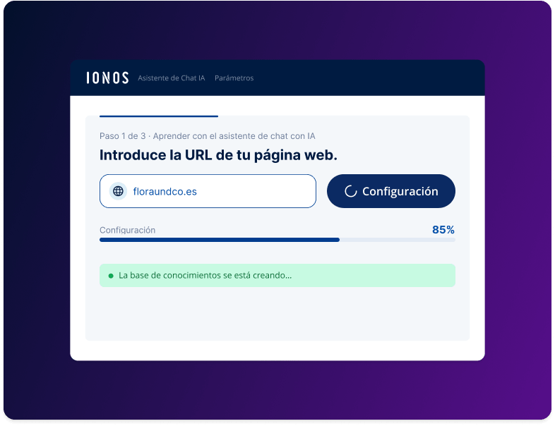IONOS Chat-Assistent Konfiguration mit Fortschrittsbalken und Eingabefeld für die Website-URL.