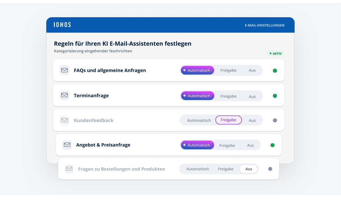 Regeln für KI E-Mail-Assistenten festlegen, Optionen zur Aktivierung und Deaktivierung verschiedener Kategorien.