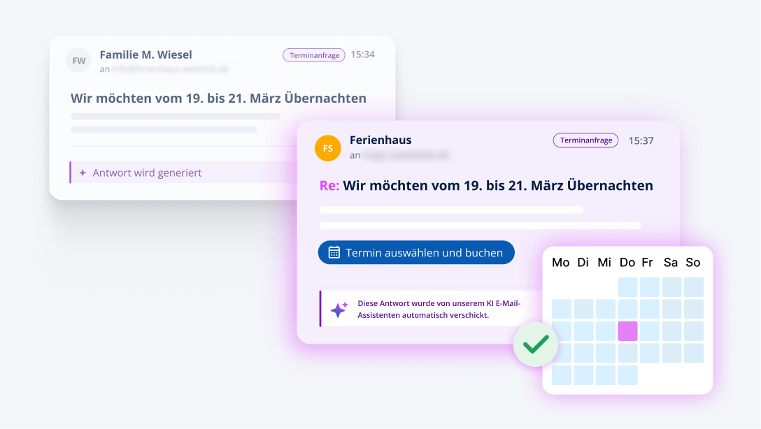 Nachricht über einen Übernachtungswunsch vom 19. bis 21. März mit Kalender zur Terminauswahl.