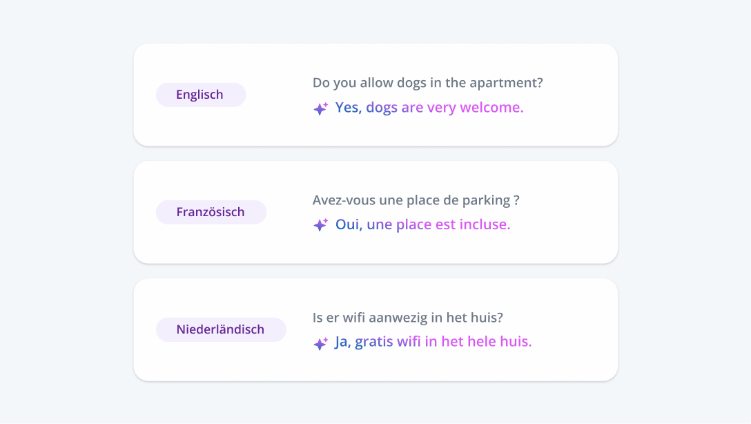 Englisch: "Hunde im Apartment erlaubt, sehr willkommen." Französisch: "Parkplatz inklusive." Niederländisch: "Kostenloses WLAN im Haus.