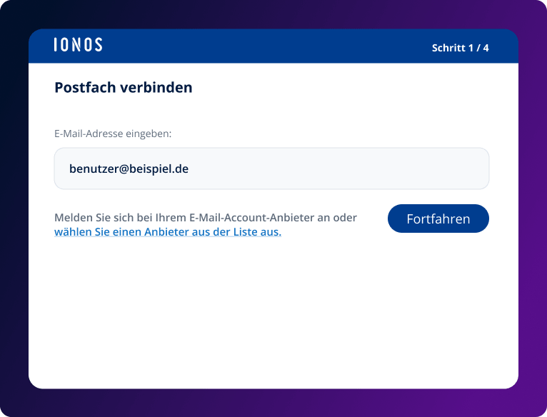 Postfach verbinden: E-Mail-Adresse eingeben und Anbieter auswählen.