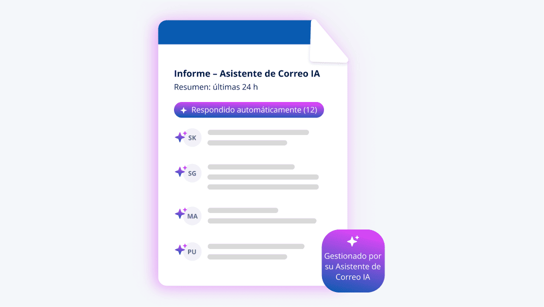 Informe del Asistente de Correo IA, resumen de las últimas 24 horas, con respuestas automáticas y preguntas de diferentes usuarios.