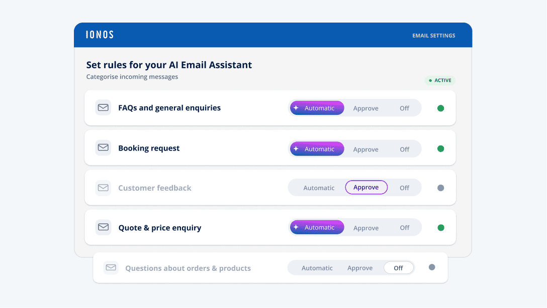 Einstellungen für den KI-E-Mail-Assistenten, Kategorien für eingehende Nachrichten.