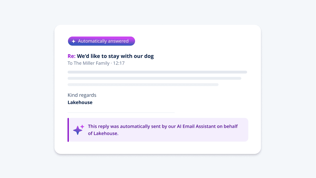 Antwort auf eine E-Mail, in der mitgeteilt wird, dass der Hund mit im Urlaub bleiben darf.