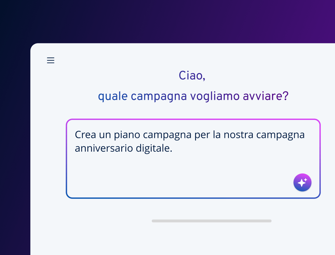 Bildschirm mit der Frage "Ciao, quale campagna vogliamo avviare?" und dem Vorschlag "Crea un piano campagna per la nostra campagna anniversario digitale.