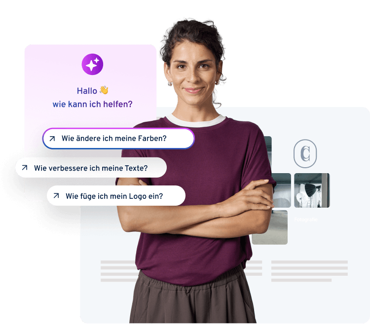 Eine Frau steht vor einem Bildschirm mit einem Chatbot, der Fragen zur Verbesserung von Farben, Texten und Logos stellt.