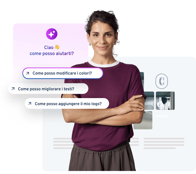 Eine Frau steht vor einem Bildschirm mit Chatbot-Fenster, das Fragen zur Verbesserung von Farben, Texten und Logo zeigt.
