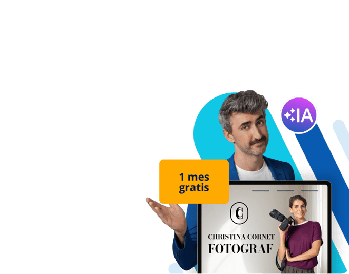 Mann zeigt Tablet mit Werbung für Fotografin und Angebot von einem Monat gratis.