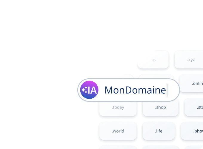 MonDomaine-Logo mit verschiedenen Domainendungen im Hintergrund.
