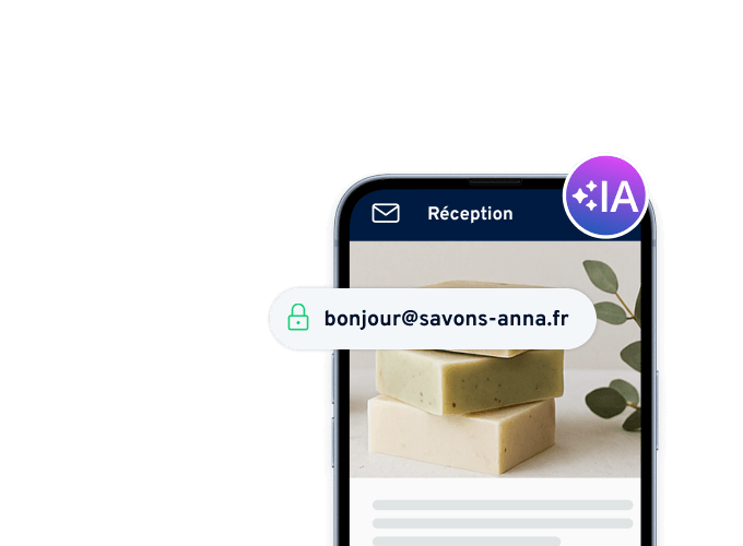 Handy mit geöffnetem E-Mail-Postfach und angezeigter E-Mail-Adresse bonjour@savons-anna.fr