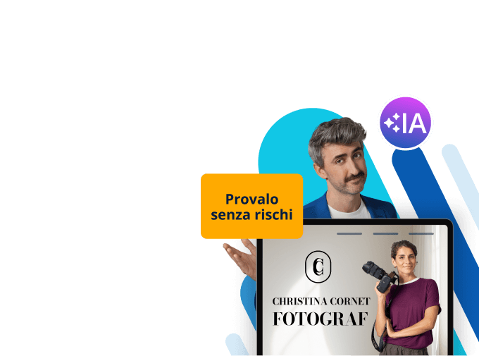 Uomo sorridente con tablet che promuove un servizio fotografico senza rischi.