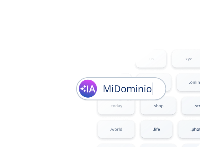 MiDominio-Logo mit verschiedenen Domainendungen im Hintergrund.