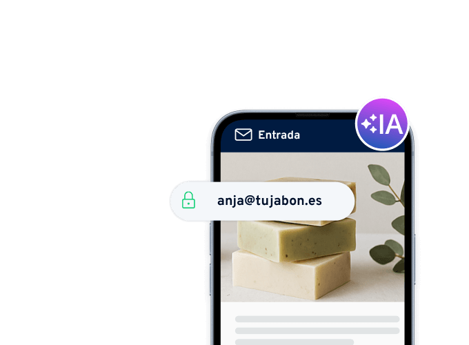 Handy mit geöffnetem E-Mail-Postfach und angezeigter E-Mail-Adresse anja@tujabon.es