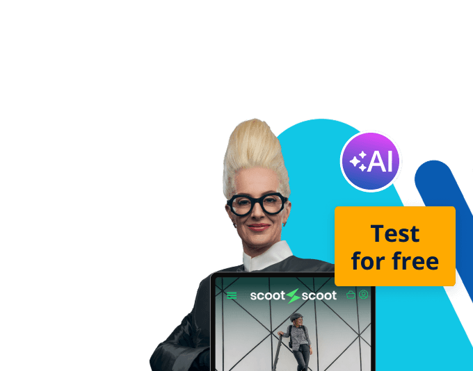 Frau mit Brille und Anzug hält ein Tablet mit der Aufschrift "scoot scoot" und einem Bild einer Frau darauf. Neben ihr steht "Test for free" und ein "AI"-Symbol.