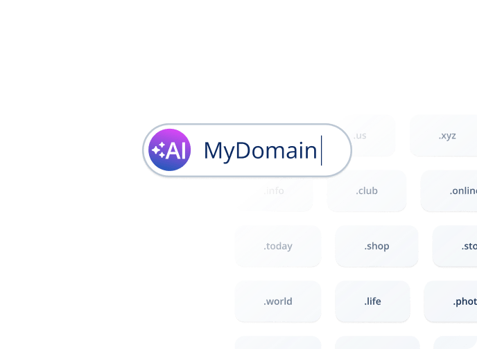 MyDomain mit KI-Logo und Domainendungen wie .us, .club, .today, .shop, .world, .life und .photo.