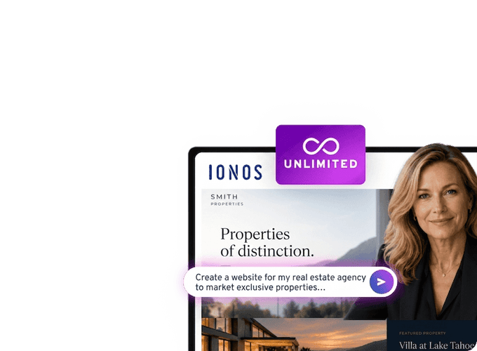 Website für Immobilienagentur mit Bild einer Frau und einem Haus am See.