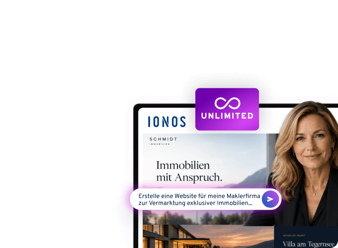 Website für Immobilienfirma mit Bild einer Frau und einem Haus im Hintergrund.
