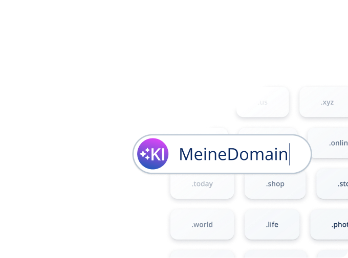 MeineDomain mit KI-Logo auf Tastatur mit verschiedenen Domainendungen