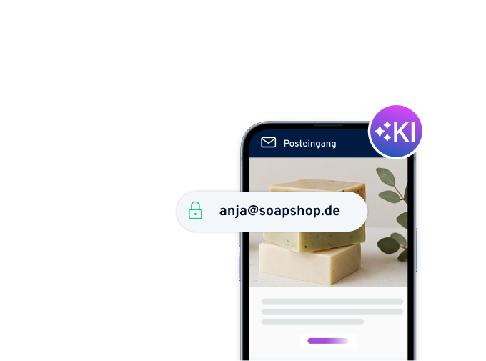 Handy mit E-Mail von anja@soapshop.de im Posteingang, Hintergrund zeigt Seifenstücke.