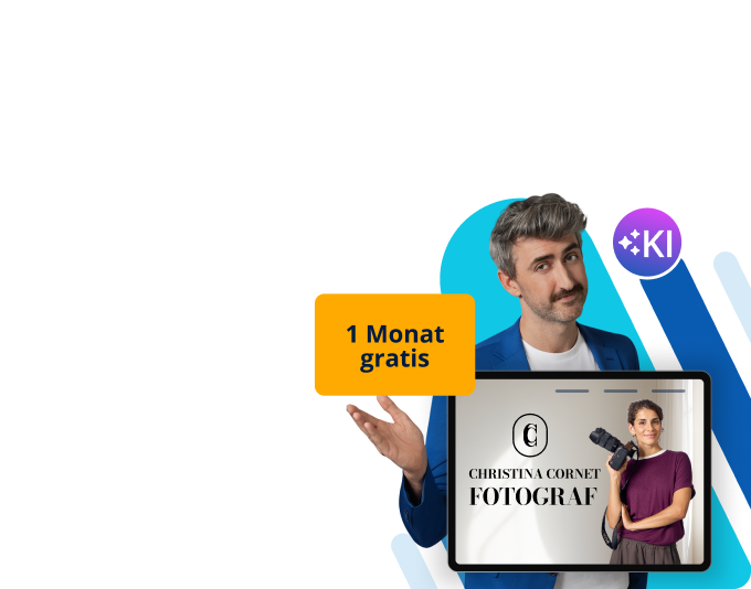 Mann zeigt auf Laptop mit Website einer Fotografin und Text "1 Monat gratis".